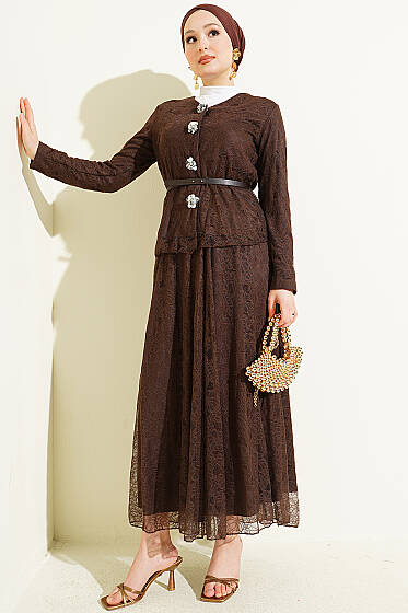 Çiçek Çıtçıtlı Dantelli Etekli İkili Takım Kahve - İkili Takım