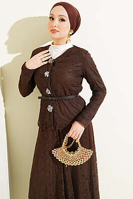 Çiçek Çıtçıtlı Dantelli Etekli İkili Takım Kahve - İkili Takım