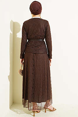 Çiçek Çıtçıtlı Dantelli Etekli İkili Takım Kahve - İkili Takım