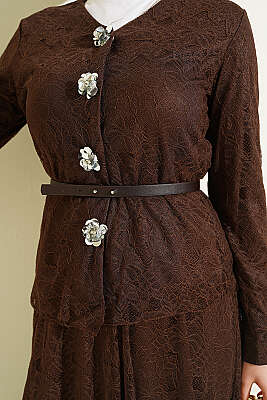 Çiçek Çıtçıtlı Dantelli Etekli İkili Takım Kahve - İkili Takım