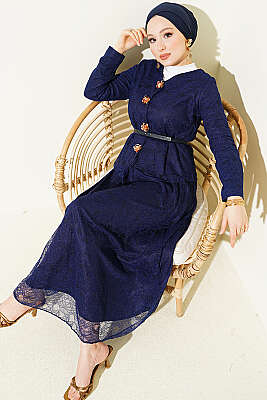 Çiçek Çıtçıtlı Dantelli Etekli İkili Takım Lacivert 