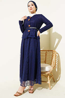 Çiçek Çıtçıtlı Dantelli Etekli İkili Takım Lacivert - İkili Takım