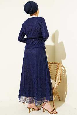 Çiçek Çıtçıtlı Dantelli Etekli İkili Takım Lacivert - İkili Takım