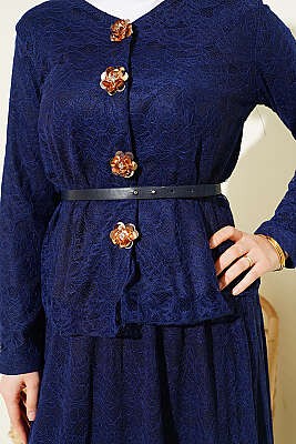 Çiçek Çıtçıtlı Dantelli Etekli İkili Takım Lacivert - İkili Takım