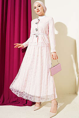 Çiçek Çıtçıtlı Dantelli Etekli İkili Takım Pembe 