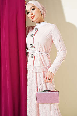 Çiçek Çıtçıtlı Dantelli Etekli İkili Takım Pembe - İkili Takım