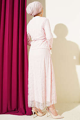 Çiçek Çıtçıtlı Dantelli Etekli İkili Takım Pembe - İkili Takım