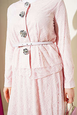 Çiçek Çıtçıtlı Dantelli Etekli İkili Takım Pembe - İkili Takım