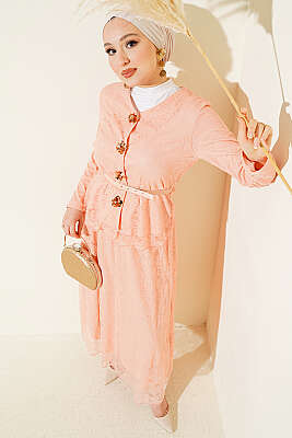 Çiçek Çıtçıtlı Dantelli Etekli İkili Takım Pudra 