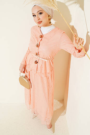 Çiçek Çıtçıtlı Dantelli Etekli İkili Takım Pudra - İkili Takım