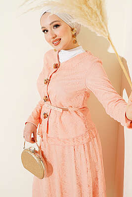 Çiçek Çıtçıtlı Dantelli Etekli İkili Takım Pudra - İkili Takım