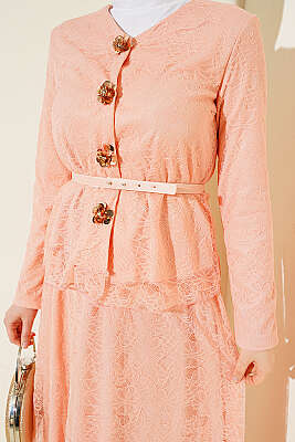 Çiçek Çıtçıtlı Dantelli Etekli İkili Takım Pudra - İkili Takım