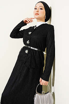 Çiçek Çıtçıtlı Dantelli Etekli İkili Takım Siyah - İkili Takım