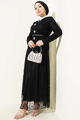 Çiçek Çıtçıtlı Dantelli Etekli İkili Takım Siyah 