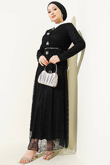 Çiçek Çıtçıtlı Dantelli Etekli İkili Takım Siyah - İkili Takım