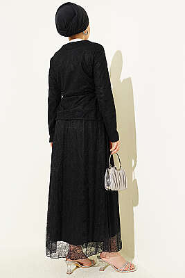 Çiçek Çıtçıtlı Dantelli Etekli İkili Takım Siyah - İkili Takım