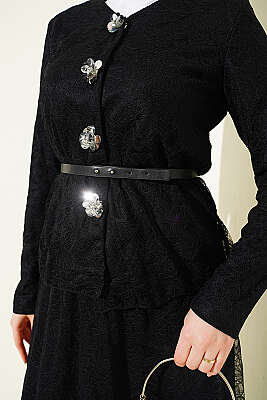 Çiçek Çıtçıtlı Dantelli Etekli İkili Takım Siyah - İkili Takım