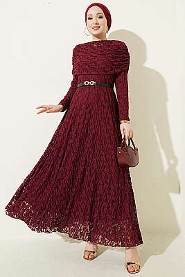 Çiçek Dantelli Kemerli Büzgülü Bordo 