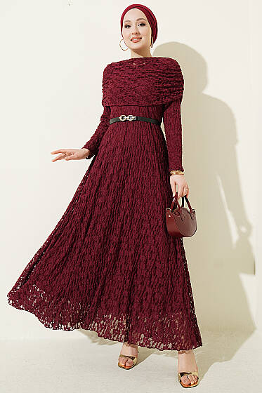 Çiçek Dantelli Kemerli Büzgülü Bordo - Elbise