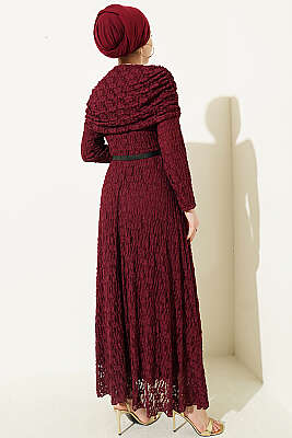 Çiçek Dantelli Kemerli Büzgülü Bordo - Elbise