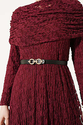 Çiçek Dantelli Kemerli Büzgülü Bordo - Elbise