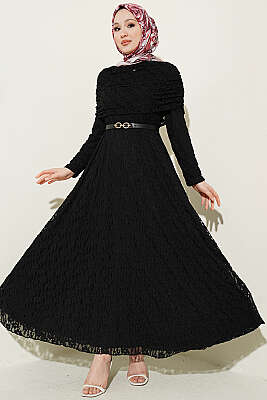 Çiçek Dantelli Kemerli Büzgülü Elbise - HATUN