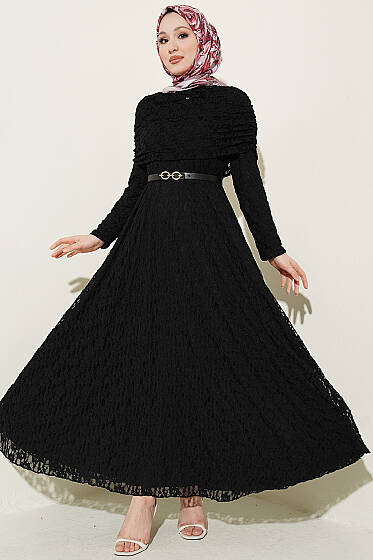 Çiçek Dantelli Kemerli Büzgülü Elbise - Elbise