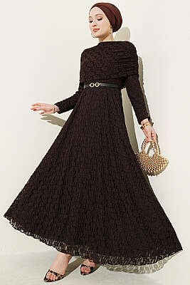 Çiçek Dantelli Kemerli Büzgülü Kahve - HATUN