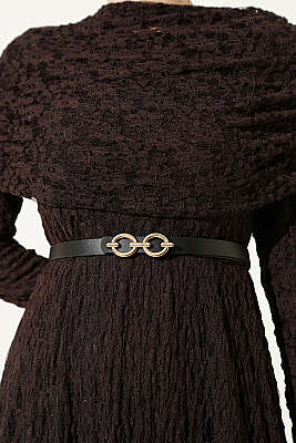 Çiçek Dantelli Kemerli Büzgülü Kahve - Elbise