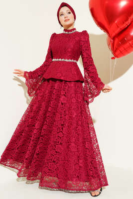 Çiçek Dantelli Taşlı Abiye İkili Takım Bordo - CNR TEKSTİL