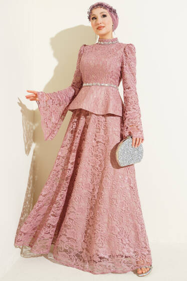 Çiçek Dantelli Taşlı Abiye İkili Takım Gül Kurusu - İkili Takım