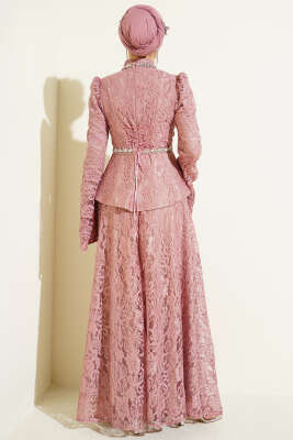 Çiçek Dantelli Taşlı Abiye İkili Takım Gül Kurusu - İkili Takım