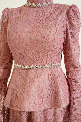 Çiçek Dantelli Taşlı Abiye İkili Takım Gül Kurusu - İkili Takım