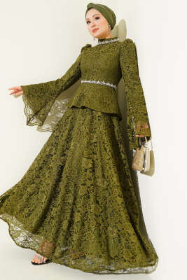 Çiçek Dantelli Taşlı Abiye İkili Takım Haki - CNR TEKSTİL