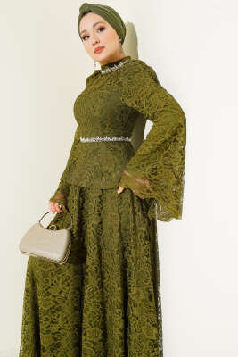 Çiçek Dantelli Taşlı Abiye İkili Takım Haki - İkili Takım