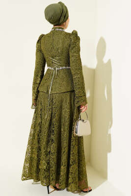 Çiçek Dantelli Taşlı Abiye İkili Takım Haki - İkili Takım