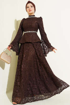 Çiçek Dantelli Taşlı Abiye İkili Takım Kahve - CNR TEKSTİL