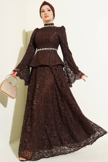 Çiçek Dantelli Taşlı Abiye İkili Takım Kahve - İkili Takım