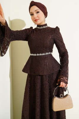 Çiçek Dantelli Taşlı Abiye İkili Takım Kahve - İkili Takım