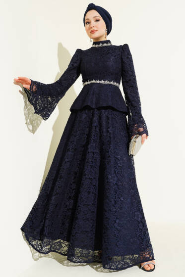Çiçek Dantelli Taşlı Abiye İkili Takım Lacivert - İkili Takım