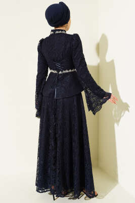 Çiçek Dantelli Taşlı Abiye İkili Takım Lacivert - İkili Takım