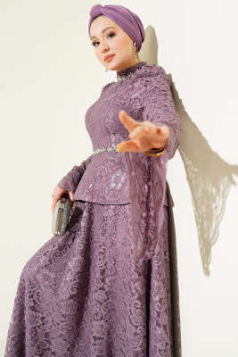 Çiçek Dantelli Taşlı Abiye İkili Takım Lila - İkili Takım