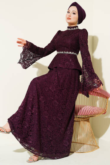Çiçek Dantelli Taşlı Abiye İkili Takım Mor - İkili Takım