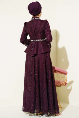 Çiçek Dantelli Taşlı Abiye İkili Takım Mor - İkili Takım