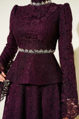 Çiçek Dantelli Taşlı Abiye İkili Takım Mor - İkili Takım