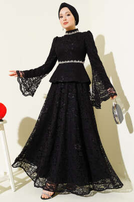 Çiçek Dantelli Taşlı Abiye İkili Takım Siyah - CNR TEKSTİL