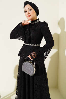 Çiçek Dantelli Taşlı Abiye İkili Takım Siyah - İkili Takım