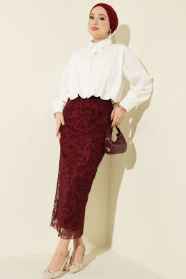 Çiçek Dantelli Tül Kalem Etek Bordo - Etek