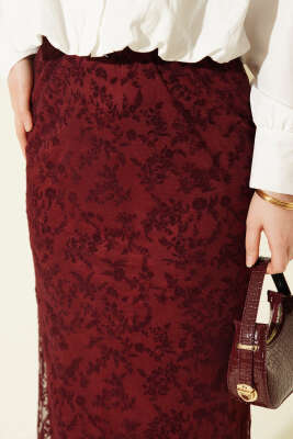 Çiçek Dantelli Tül Kalem Etek Bordo - Etek