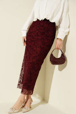 Çiçek Dantelli Tül Kalem Etek Bordo - Yılın Fırsatı